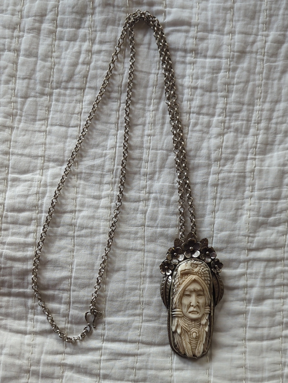 Silver-plate Carved Bone Pendant Necklace with Floral Accent